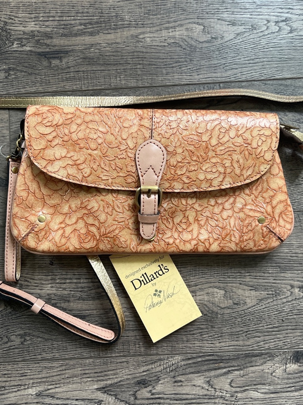 NWT Patricia Nash Rose Gold leather embossed convertible clutch bag